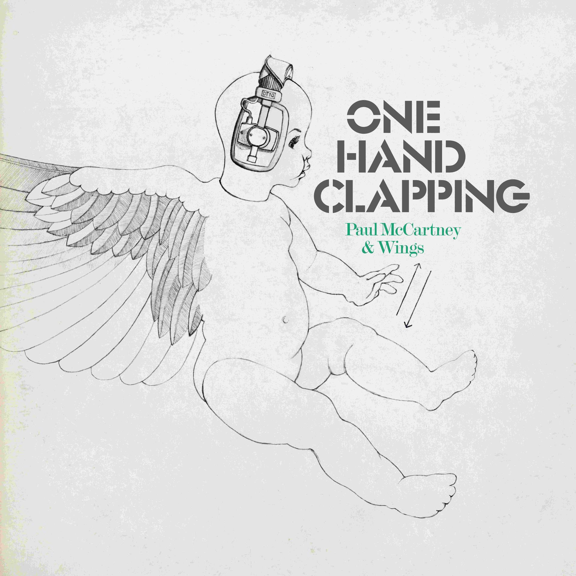 Strichzeichnung eines Babys mit Engelsflügeln und Kopfhörern. Text: One Hand Clapping, Paul McCartney & Wings.