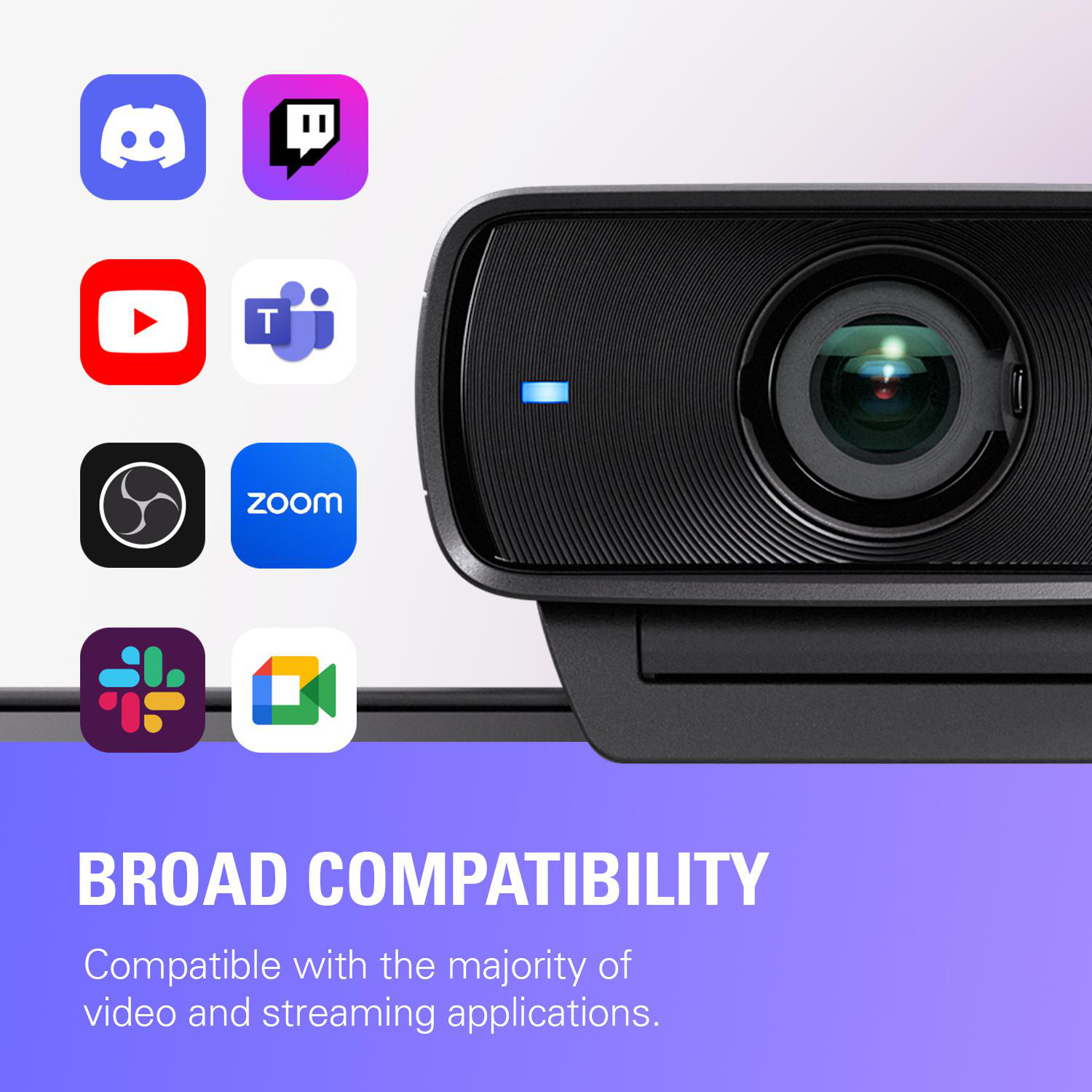Eine Webcam mit verschiedenen App-Symbolen. Das Wort BROAD COMPATIBILITY steht unten.