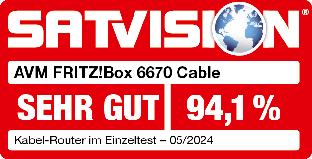 Satvision Logo. Text lautet 'SEHR GUT', '94,1%' und 'AVM FRITZ!Box 6670 Cable'.