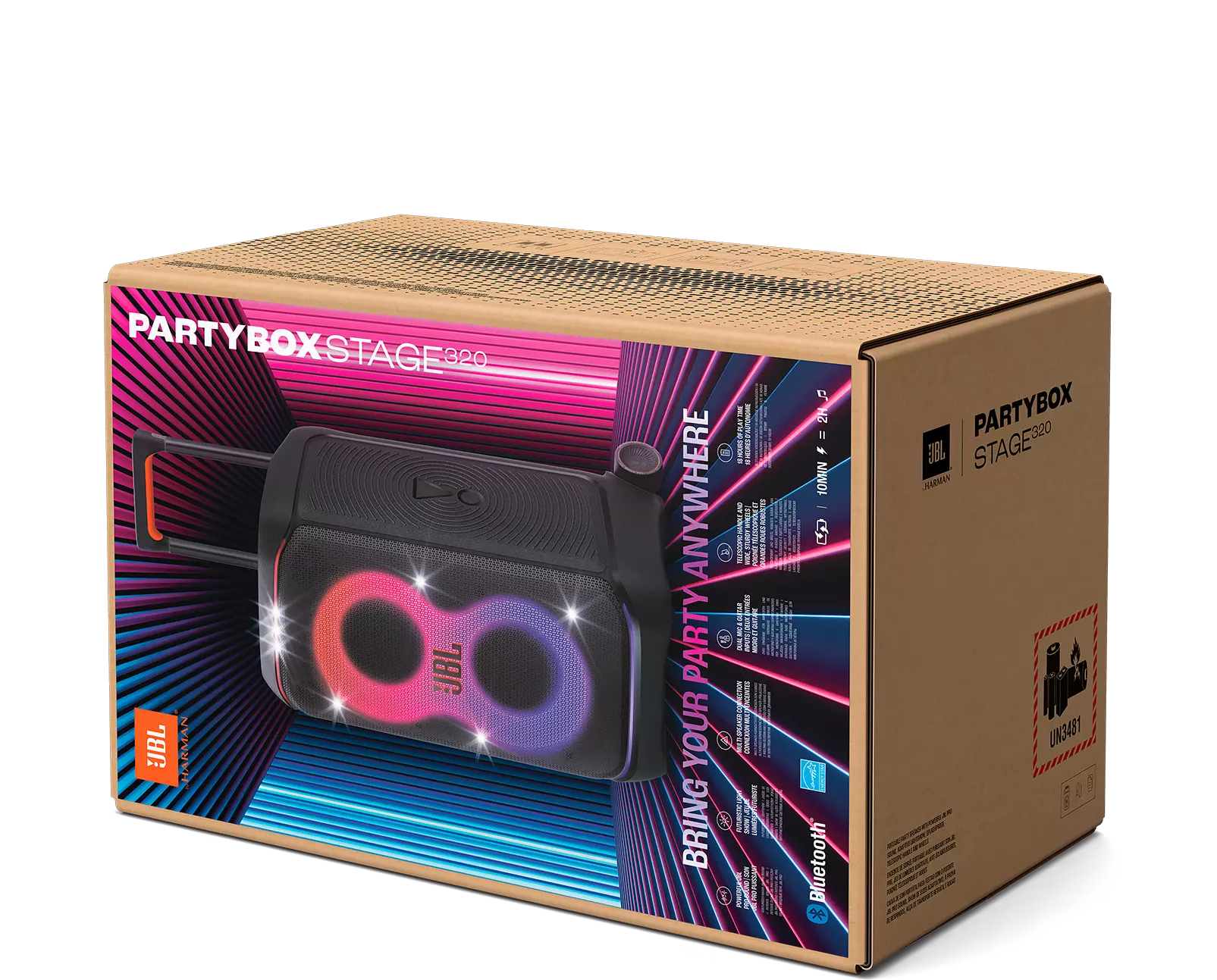 JBL Partybox Stage 320 doboz termékképpel és szöveggel.