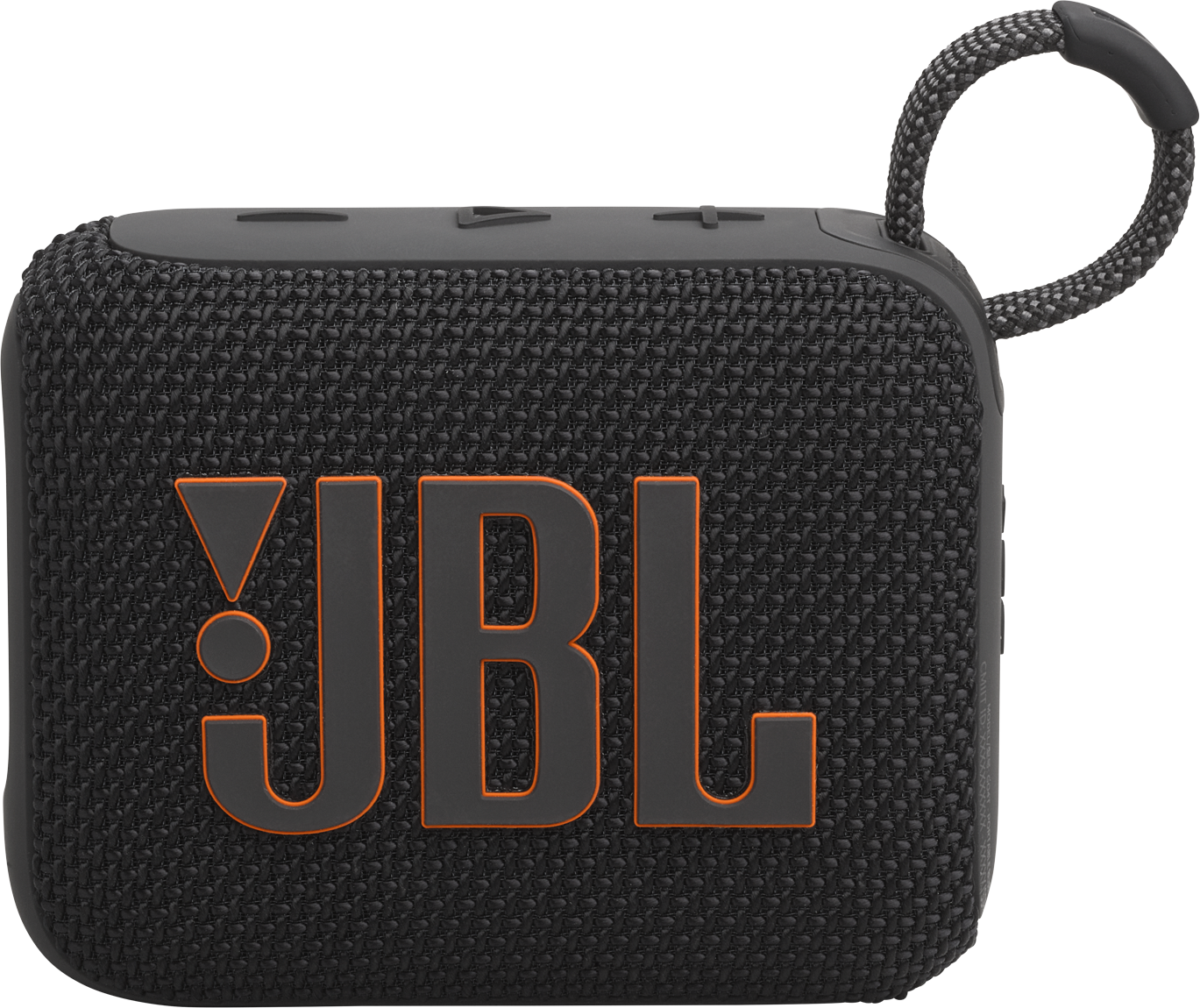 Egy fekete JBL hangszóró narancssárga logóval és pánttal.