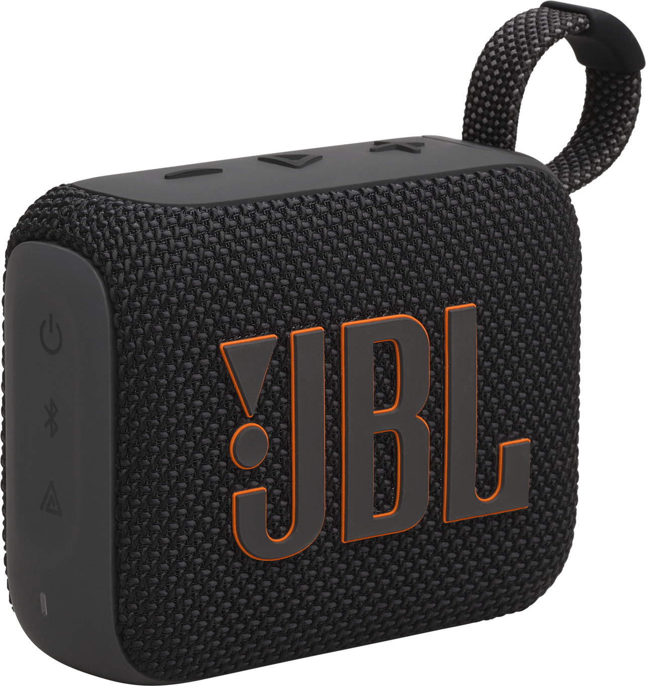 Fekete JBL hangszóró narancssárga logóval és pánttal. Van rajta bekapcsolás és Bluetooth ikon, valamint egy hangerőgomb. Fekete háttér.