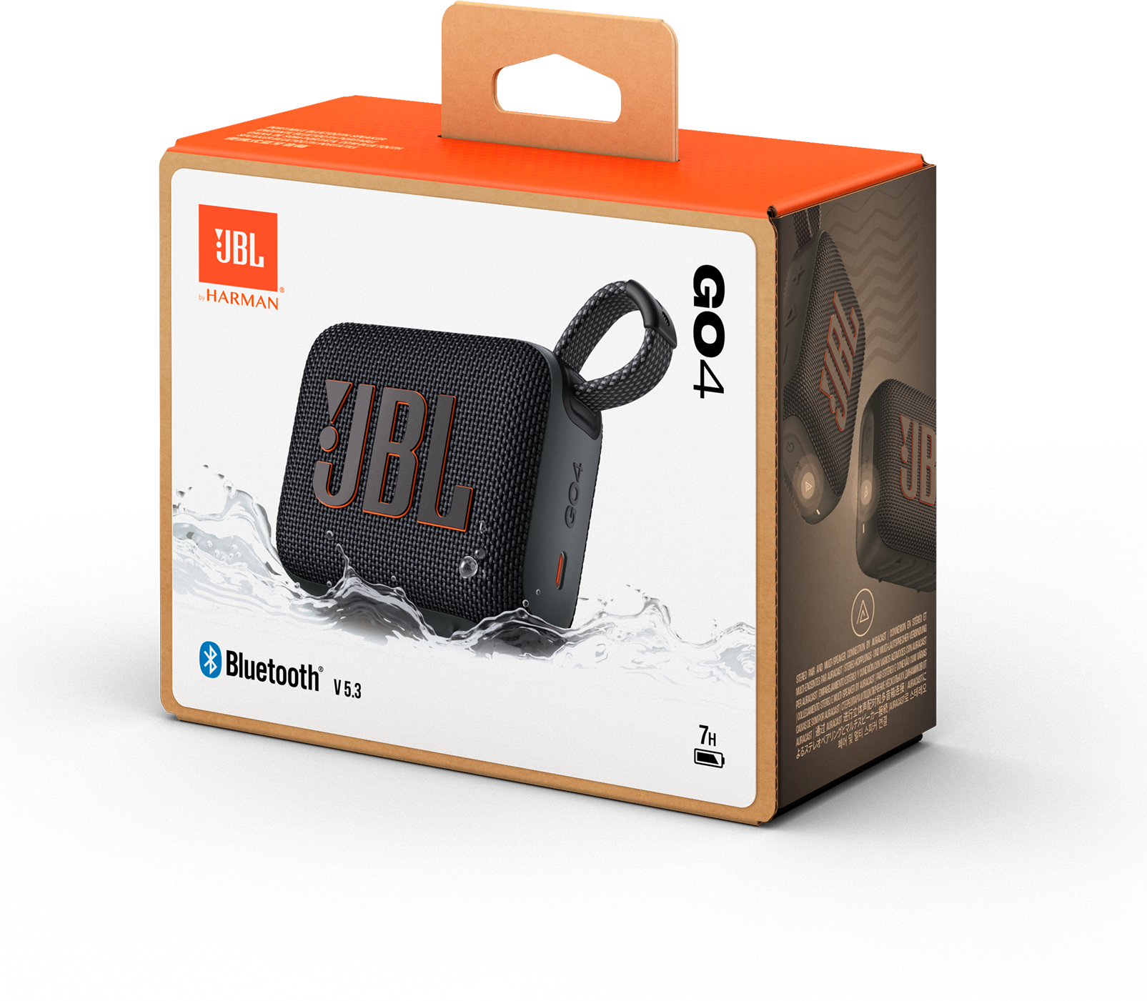 JBL GO4 hangszóró doboz, látható hangszóróval. A doboz narancssárga, fekete hangszóróval.