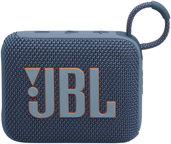 Kék JBL Go 3 hangszóró narancssárga logó szöveggel, szövet-szerű textúrával.