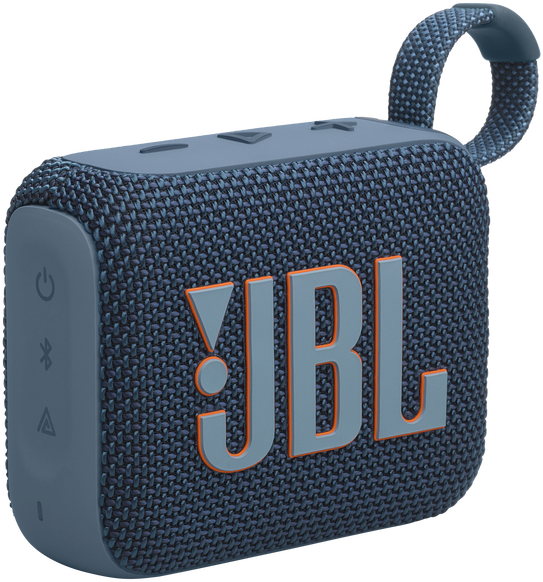 Kék-szürke hordozható JBL hangszóró. Hálós textúrája és szürke JBL logója van.