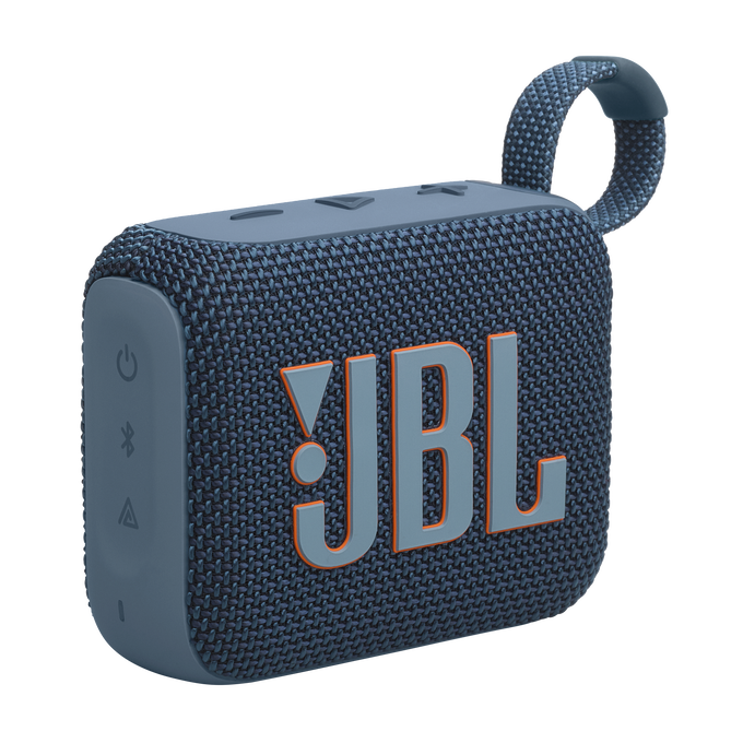 Kis téglalap alakú JBL hangszóró, sötétkék narancssárga logóval, szürke pánttal.