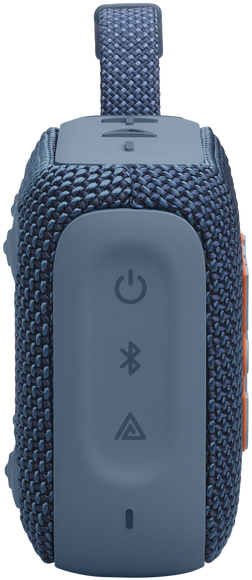 Kék-szürke hordozható hangszóró bekapcsoló, Bluetooth és hangerőszabályzó gombokkal.