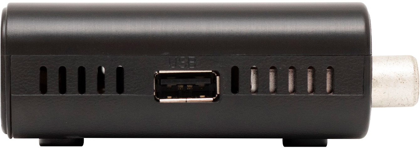 Fekete vevőegység USB porttal és szellőzőnyílásokkal. Oldalnézet.