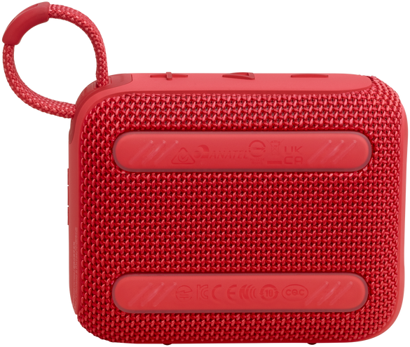 Piros JBL Go 3 hangszóró, hátulról, portokkal és márkainformációval az alján.