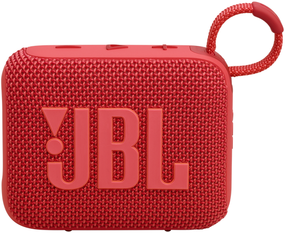 Piros hordozható hangszóró JBL logóval. Fonott pánt. Piros szín, sarokban.