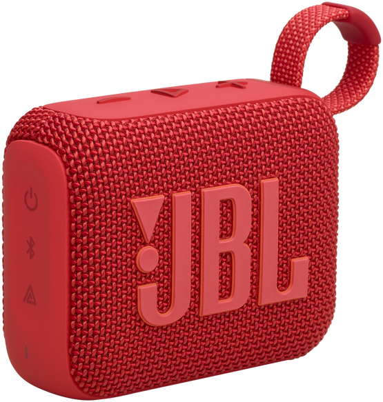 Piros JBL hangszóró fogantyúval. Fekete logó és gombok. Texturált felület.