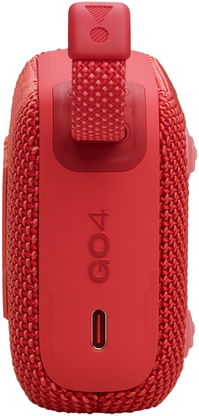 Piros hangszóró. GO4 felirat alul. Piros pánt. USB-C port.