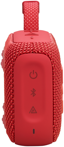 Piros hordozható hangszóró bekapcsoló, bluetooth és hangerő gombokkal. Szövet fogantyúja és szövött külseje van.
