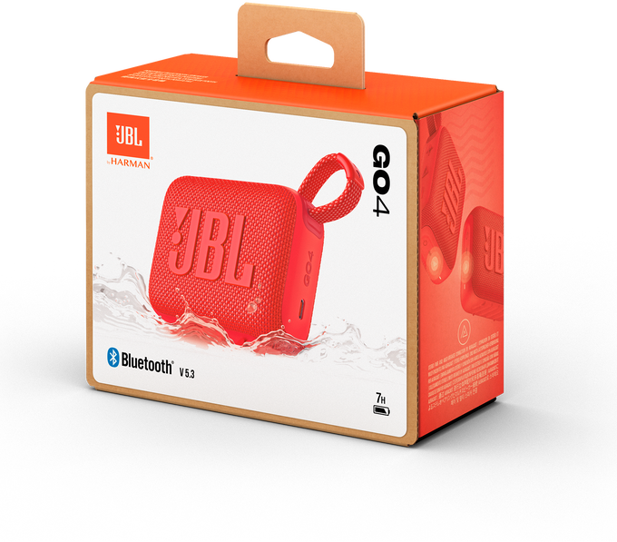 Egy piros JBL Go 4 hangszóró az eredeti csomagolásában, a termék nevével.