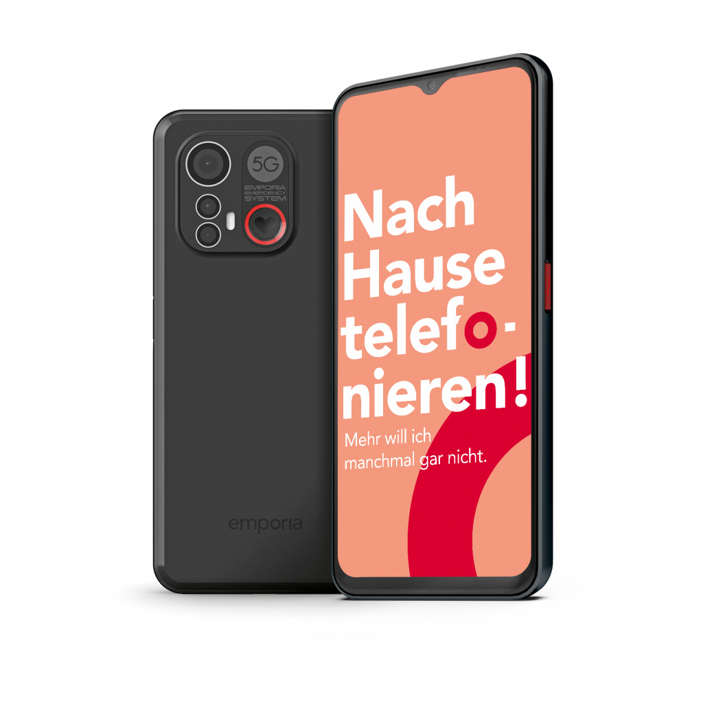 Ein schwarzes Smartphone mit Dual-Kameras und dem Bildschirm mit deutschem Text und rotem Akzent.