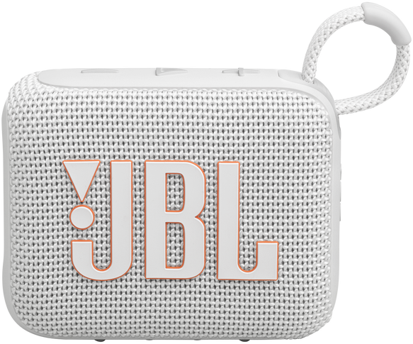 Fehér JBL hangszóró narancssárga JBL logóval és fehér hurokfogantyúval.