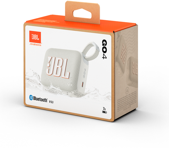 JBL GO4 hangszóró doboza, narancs és fehér. A hangszóró elöl van. Van egy fogantyú.