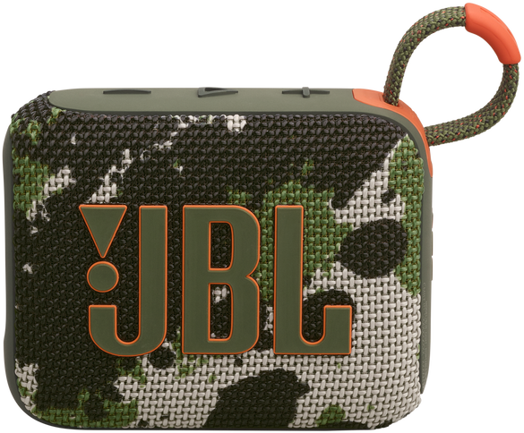 JBL Go 3 hangszóró terepmintával, narancssárga pánttal és JBL logóval, fehér alapon.
