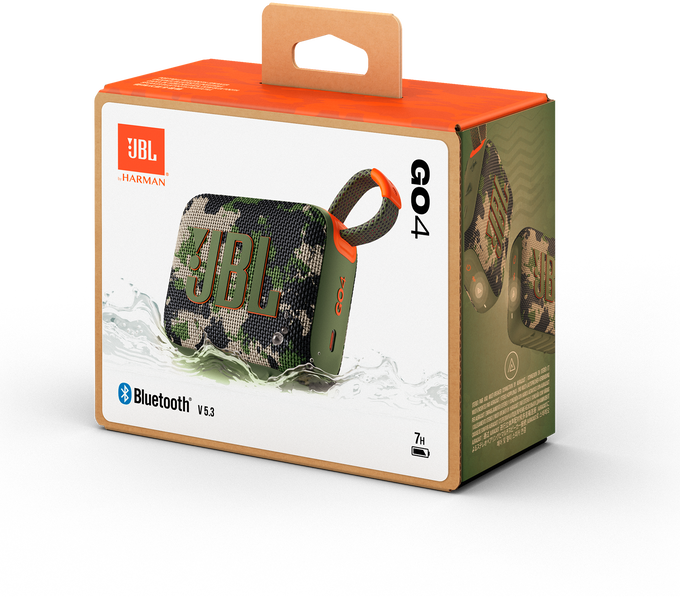 JBL GO4 hangszóró doboz, álcázó design, narancs és zöld színek, fogantyúval.
