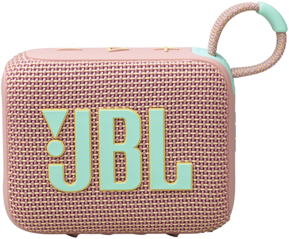 Rózsaszín JBL hangszóró, menta logóval és fogantyúval, szőtt textúrával.