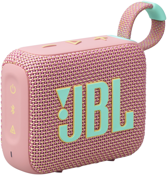 Rózsaszín JBL hangszóró szőtt dizájnnal és türkiz kiegészítőkkel. Rajta a JBL logó és a gombok.