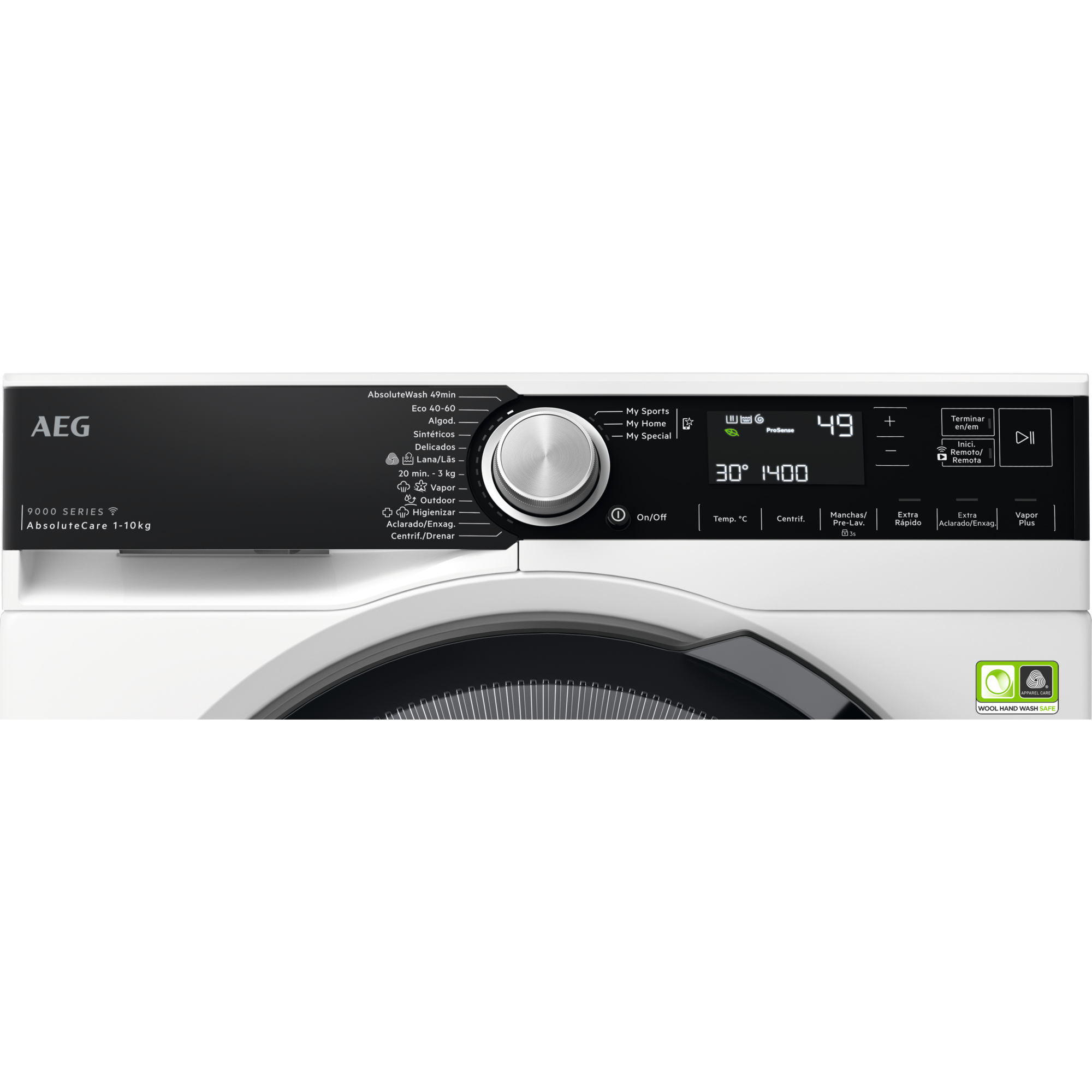 Panel de control de lavadora blanco con dial, pantalla y botones. Diseño en blanco y negro.