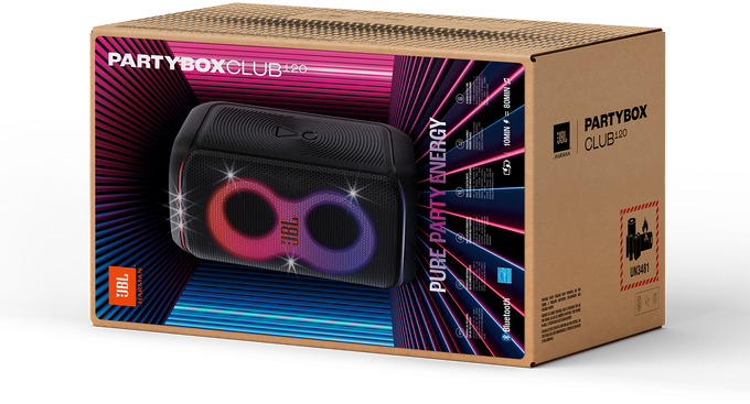 JBL PartyBox Club 120 hangszóró kartondobozban. A dobozon szöveg és a hangszóró stilizált képe látható.