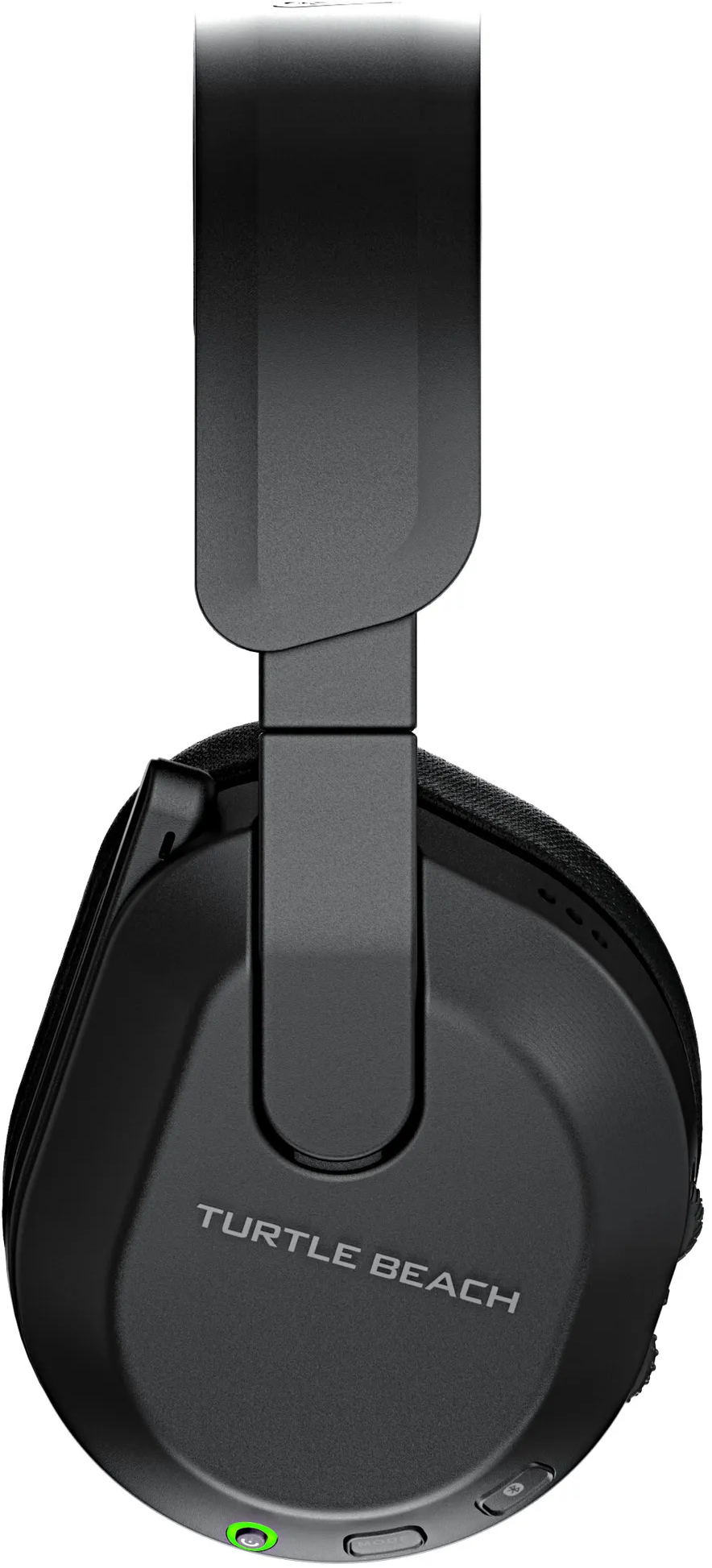 Schwarzer Turtle Beach-Kopfhörer, Seitenansicht, mit Ohrmuschel- und Kopfbügeldetails.