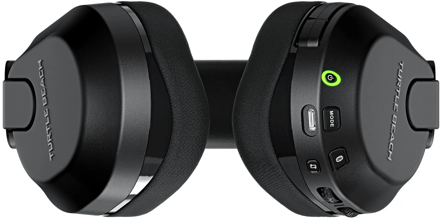 Schwarze Turtle Beach Kopfhörer mit Bedienelementen. Draufsicht.