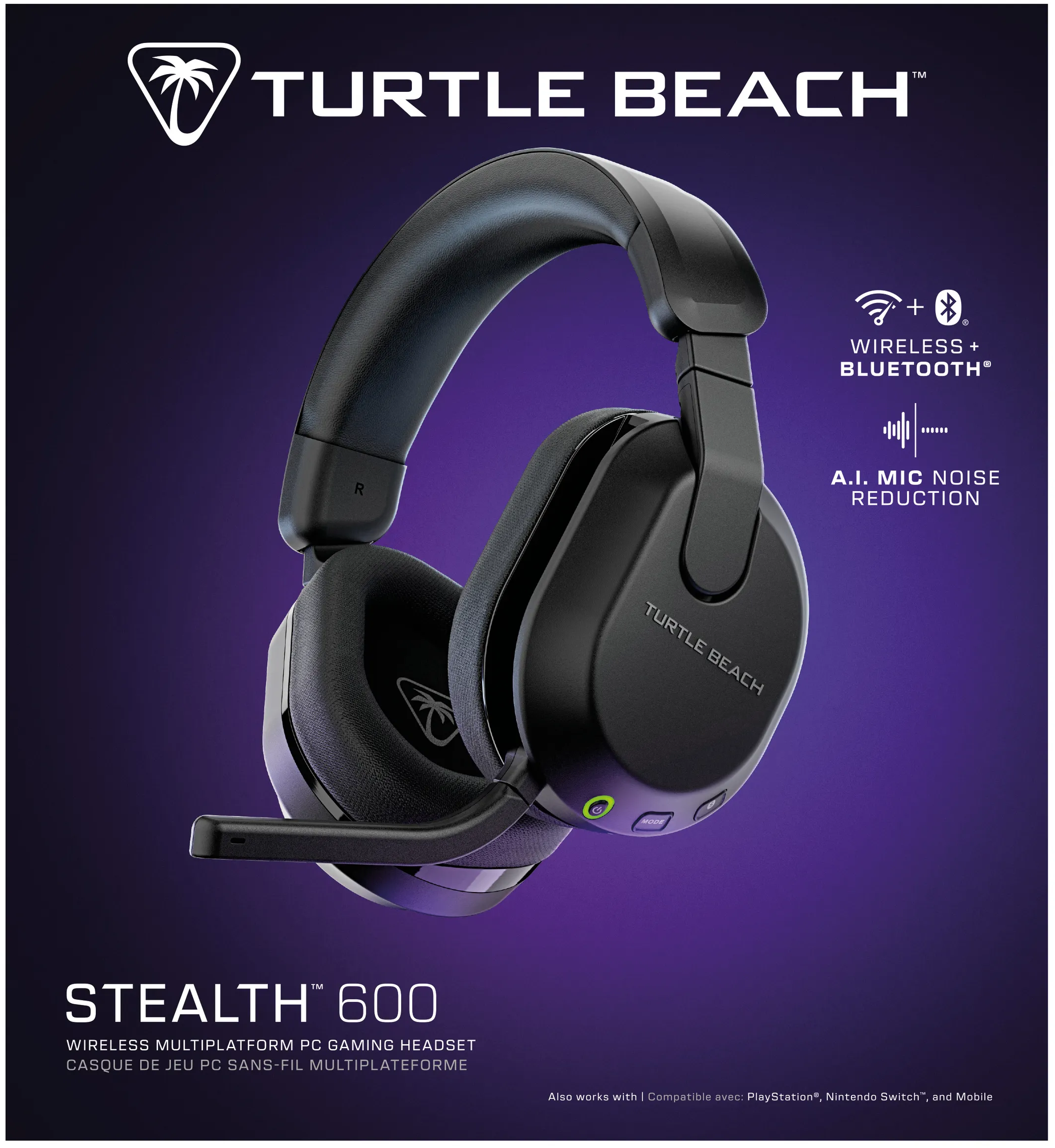 Ein schwarzes Gaming-Headset mit Mikrofon. Es hat eine kabellose und Bluetooth-Funktion, schwarze Farbe.