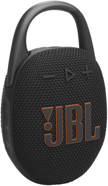 Fekete JBL Clip hangszóró narancssárga díszítéssel. Jellemzői: fogantyú, hangerőszabályzók és a JBL logó.
