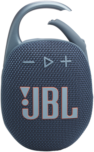 Egy kék JBL Clip hangszóró vezérlőgombokkal és a JBL logóval narancssárga színben.