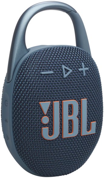 Kék JBL Clip hangszóró karabinerrel. A JBL logó látható.
