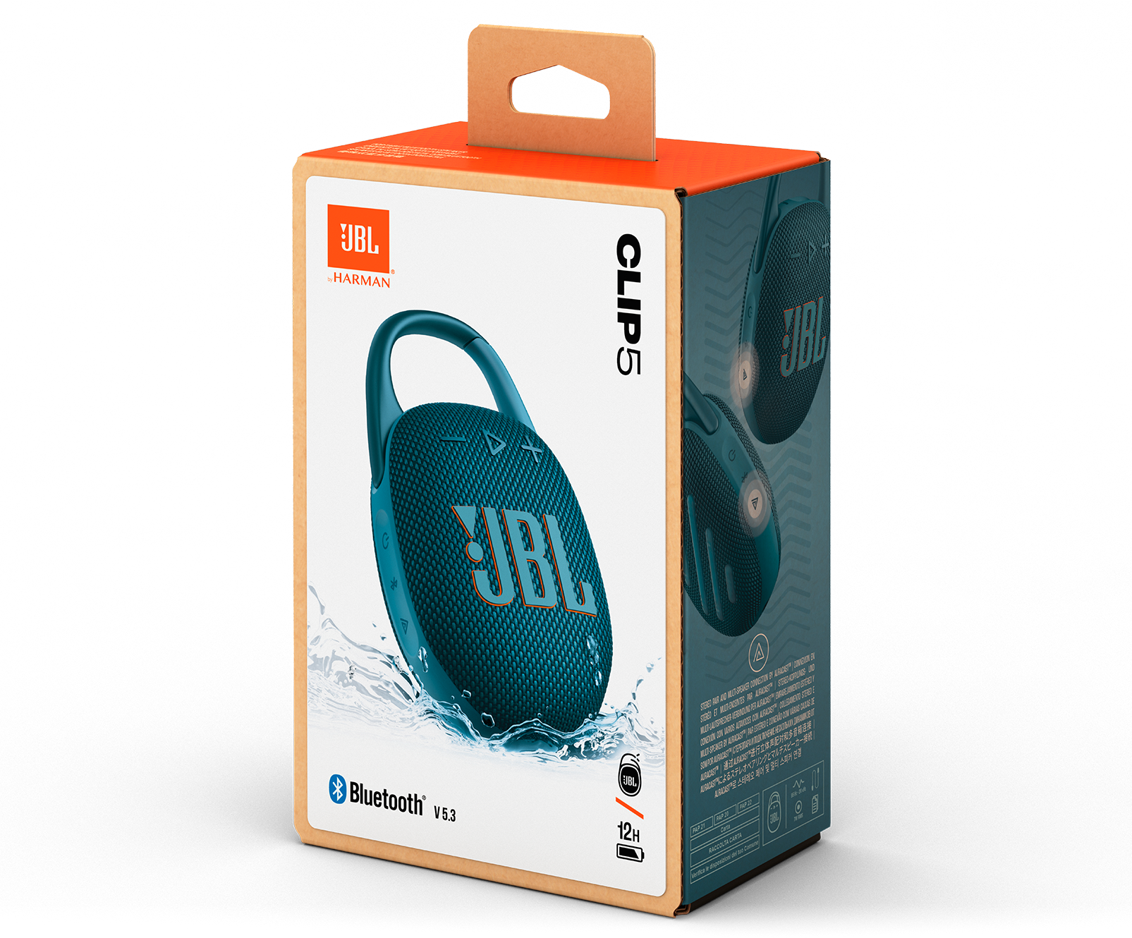 JBL Clip 5 hangszóró doboz, kék hangszóró látható, vízfröccsenés, Bluetooth és 12 óra lejátszás.