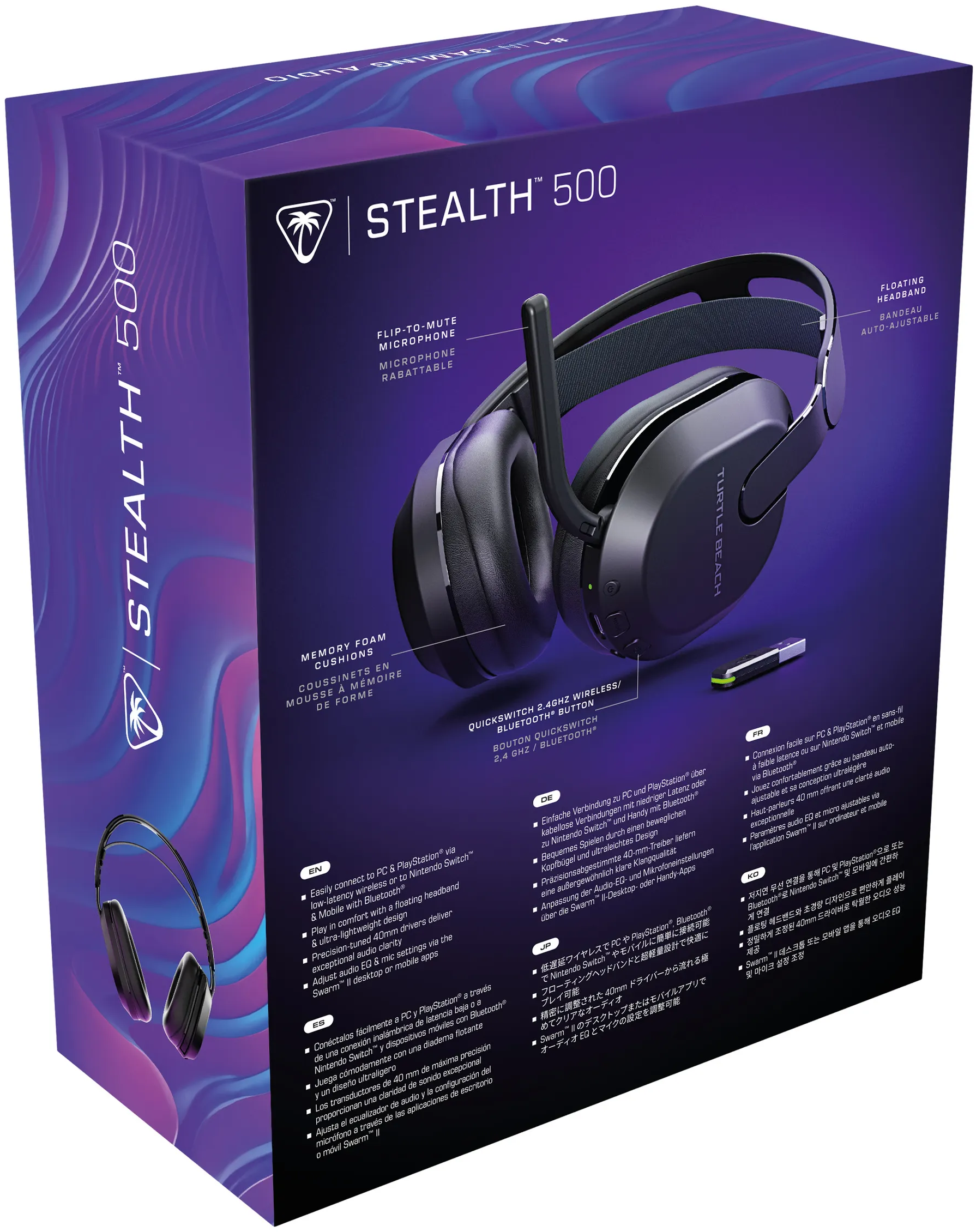 Scatola per cuffie nera e viola, etichettata 'STEALTH 500', con dettagli.