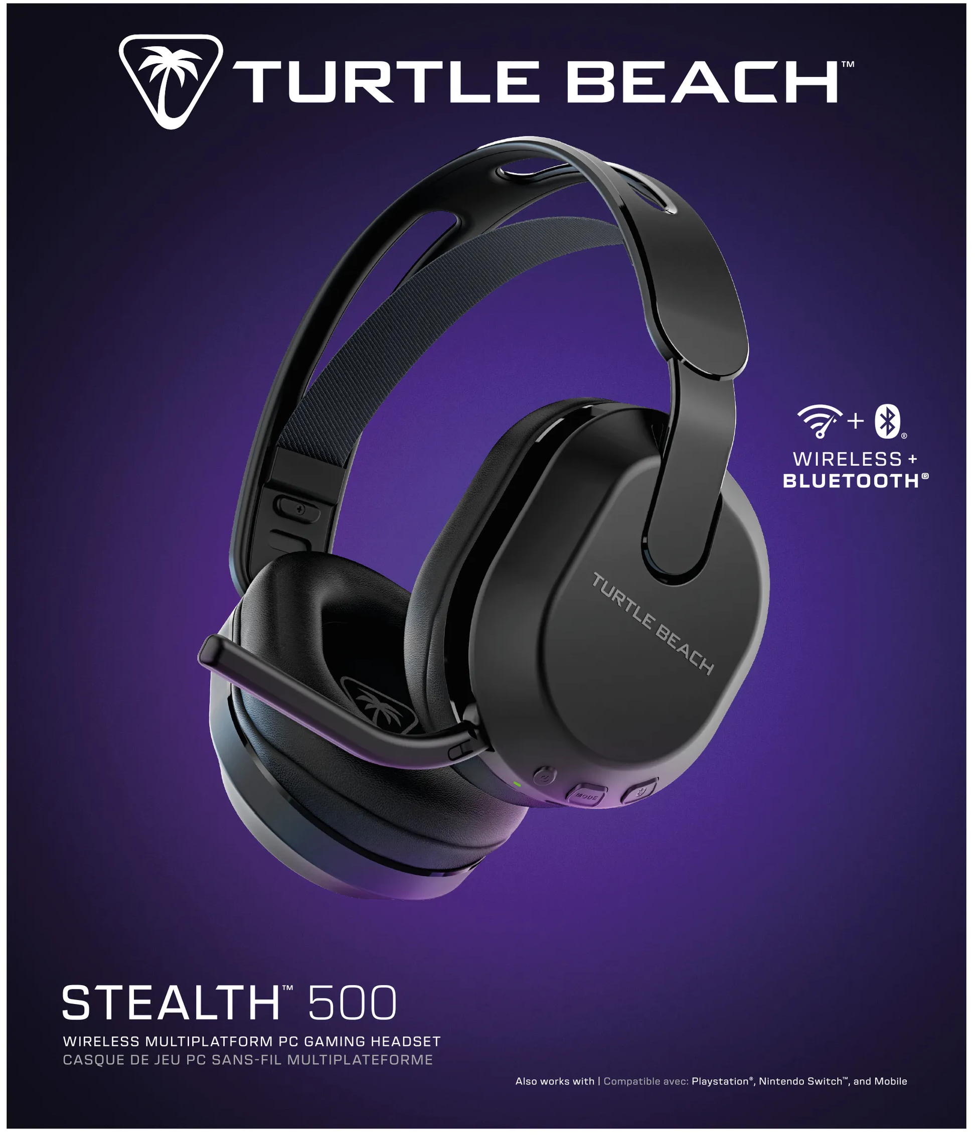 Cuffie da gioco Turtle Beach nere. Wireless e Bluetooth. Su sfondo viola.