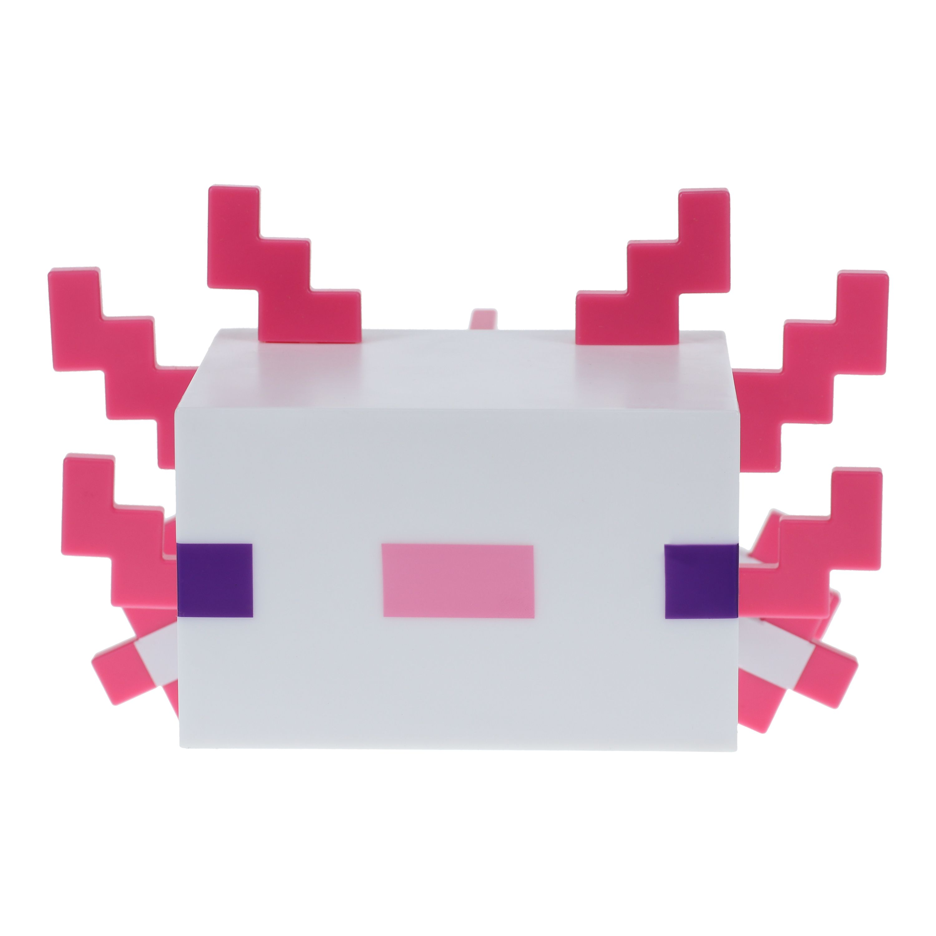 Ein weißes, pixeliges Axolotl-Spielzeug mit rosa Kiemen und Akzenten sowie einem rosa Mund.