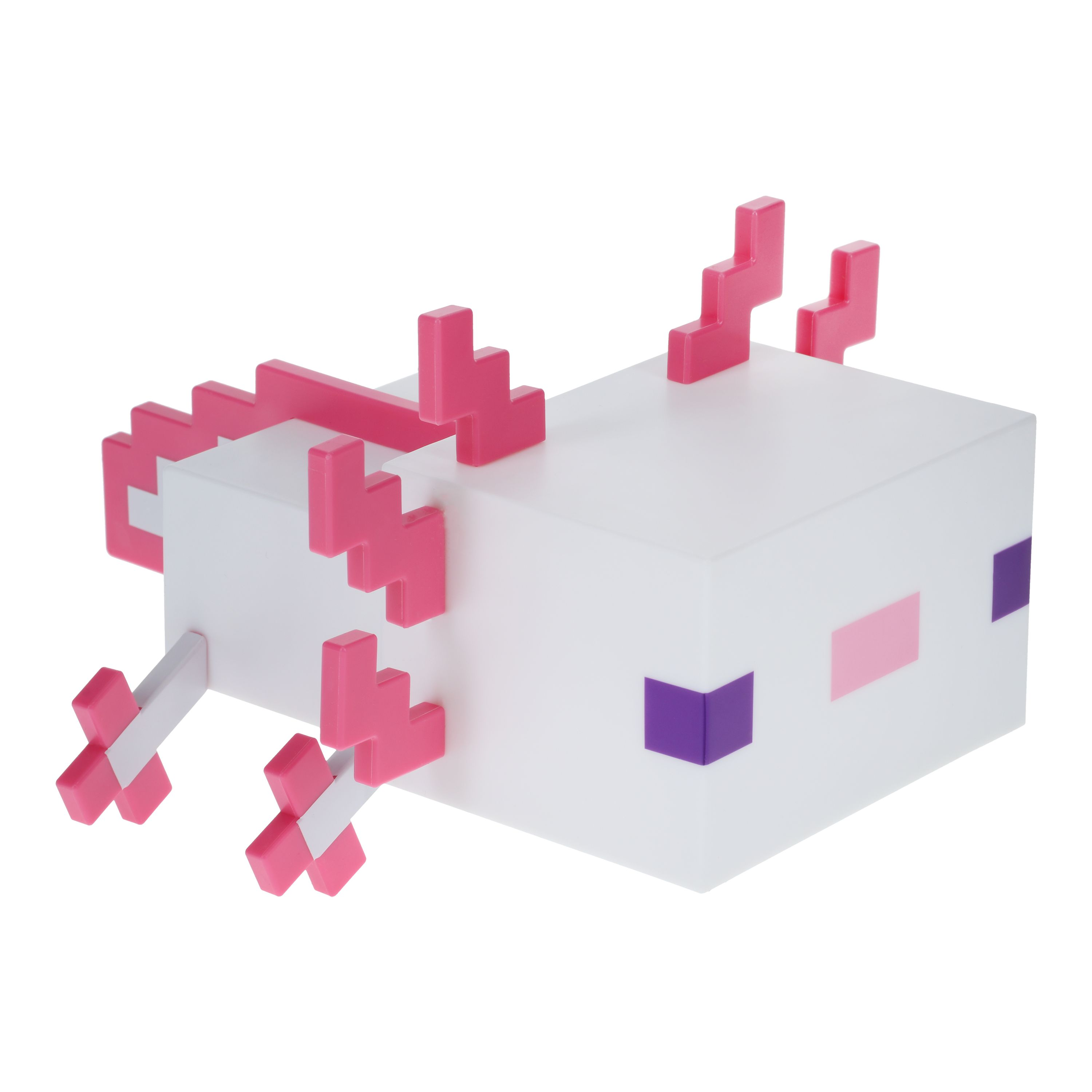 Minecraft Axolotl-Figur. Weißer, blockartiger Körper mit rosa und lila Details. Pixeliges Spielzeug.