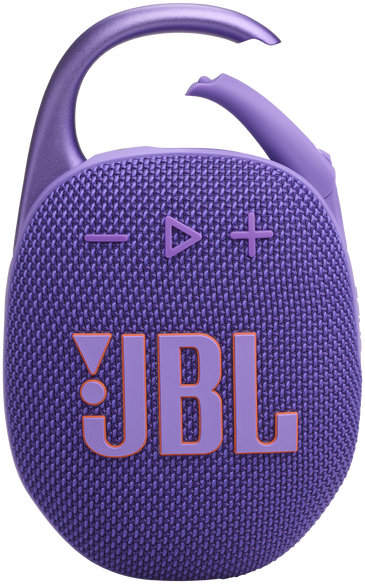 Lila JBL Clip hangszóró. Gombokkal és karabinerrel rendelkezik. A JBL logó látható.