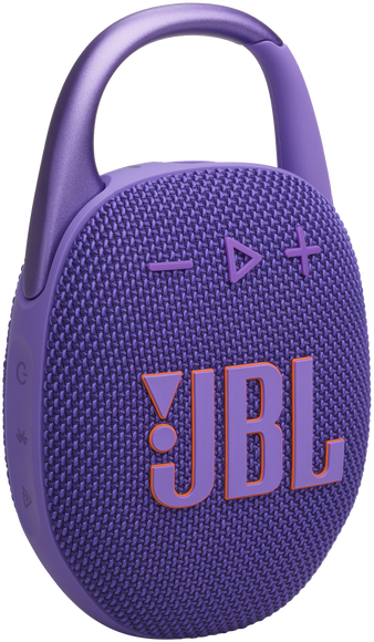 Lila JBL Clip hangszóró fogantyúval. Narancssárga JBL logó és vezérlőgombok. A hangszóró szőtt textúrájú.