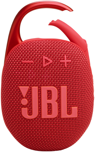 Egy piros JBL Clip hangszóró karabinerrel. Van hangerő- és lejátszás/szüneteltetés vezérlője. A JBL logó látható.