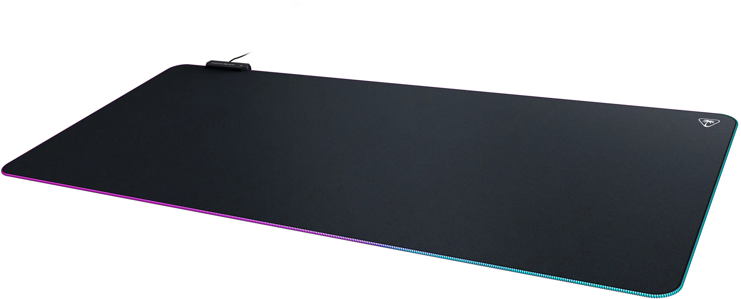 Grand tapis de souris gaming noir, bord coloré et logo à droite.