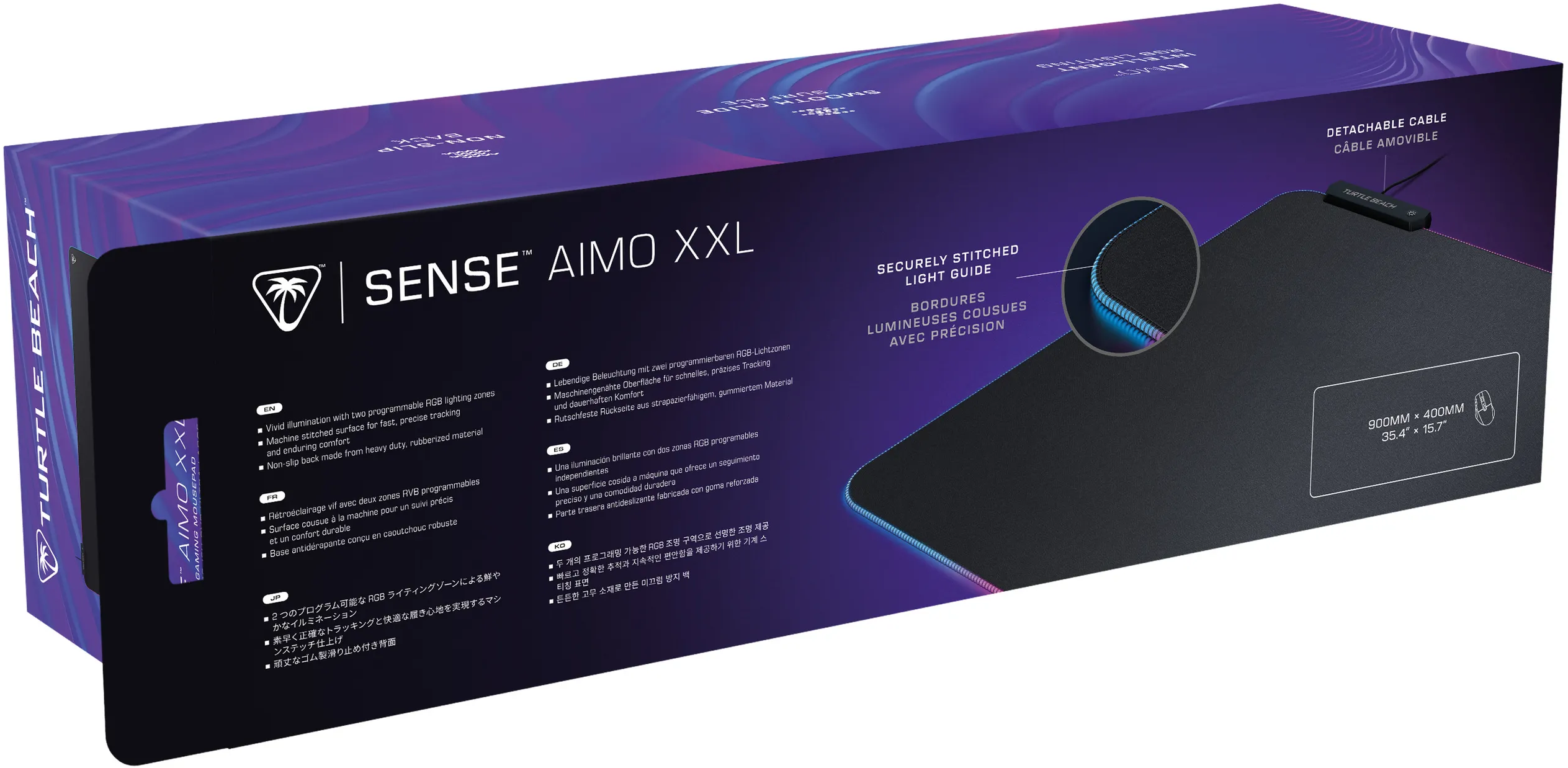 Boîte de produit pour un tapis de souris gaming. Noir avec éclairage RGB et un câble détachable.