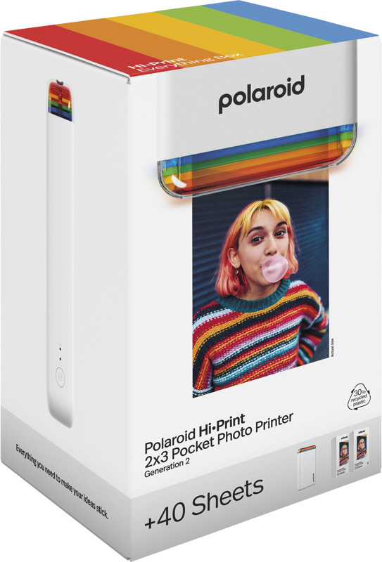 Pudełko Polaroid Hi-Print z kobietą. Dmuchają bańkę z gumy do żucia.