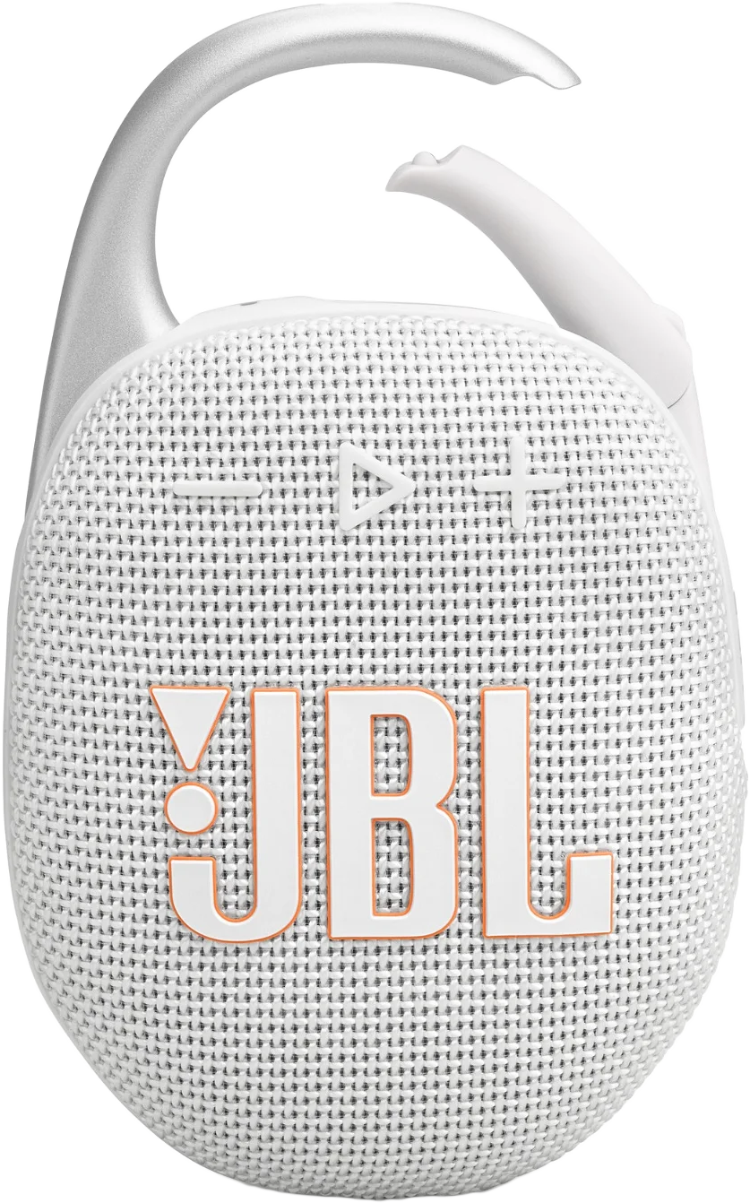 Fehér hordozható JBL hangszóró ezüst fogantyúval.