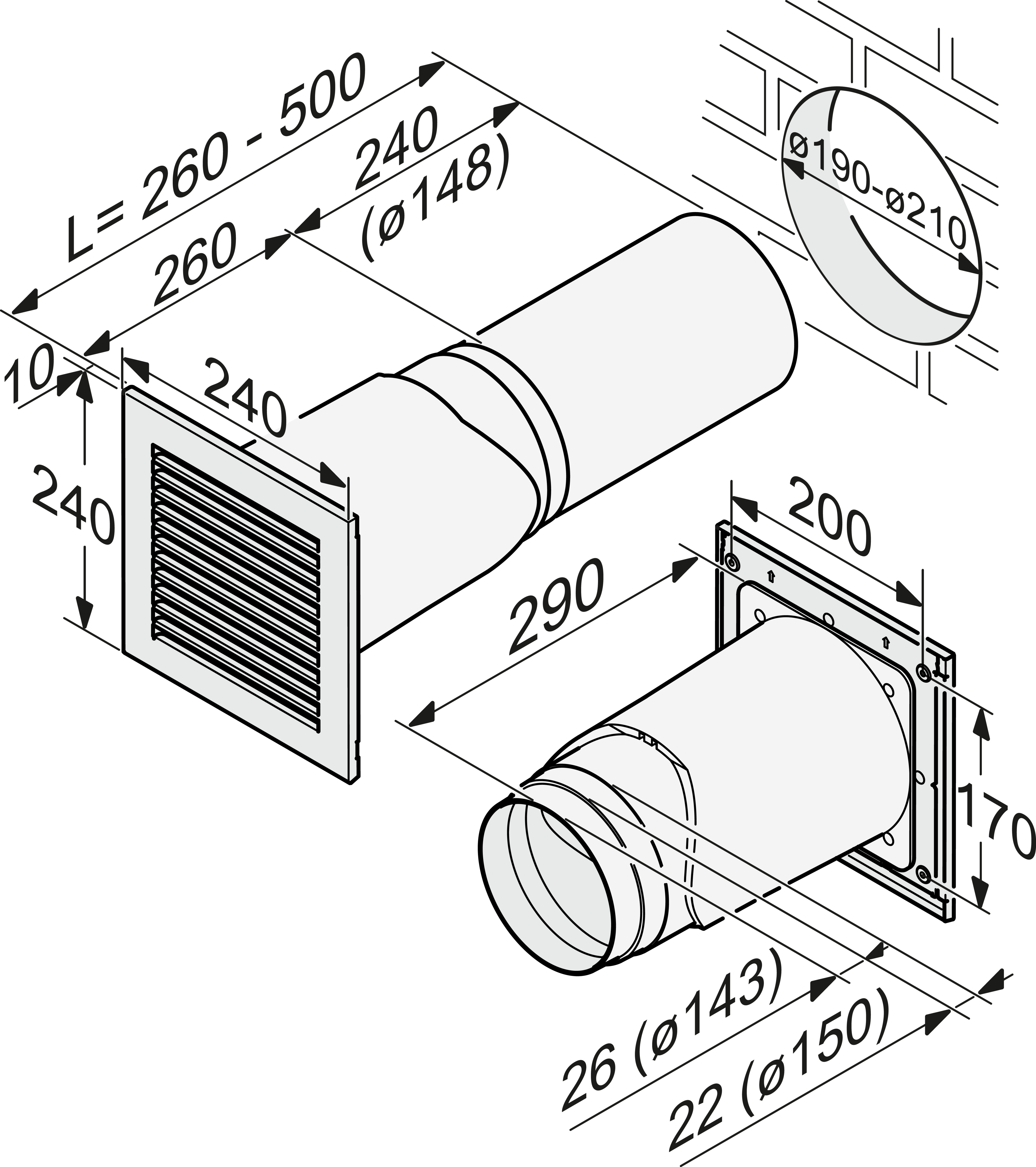 Diagramm der Lüftungssystemkomponenten mit Abmessungen und Beschriftungen.