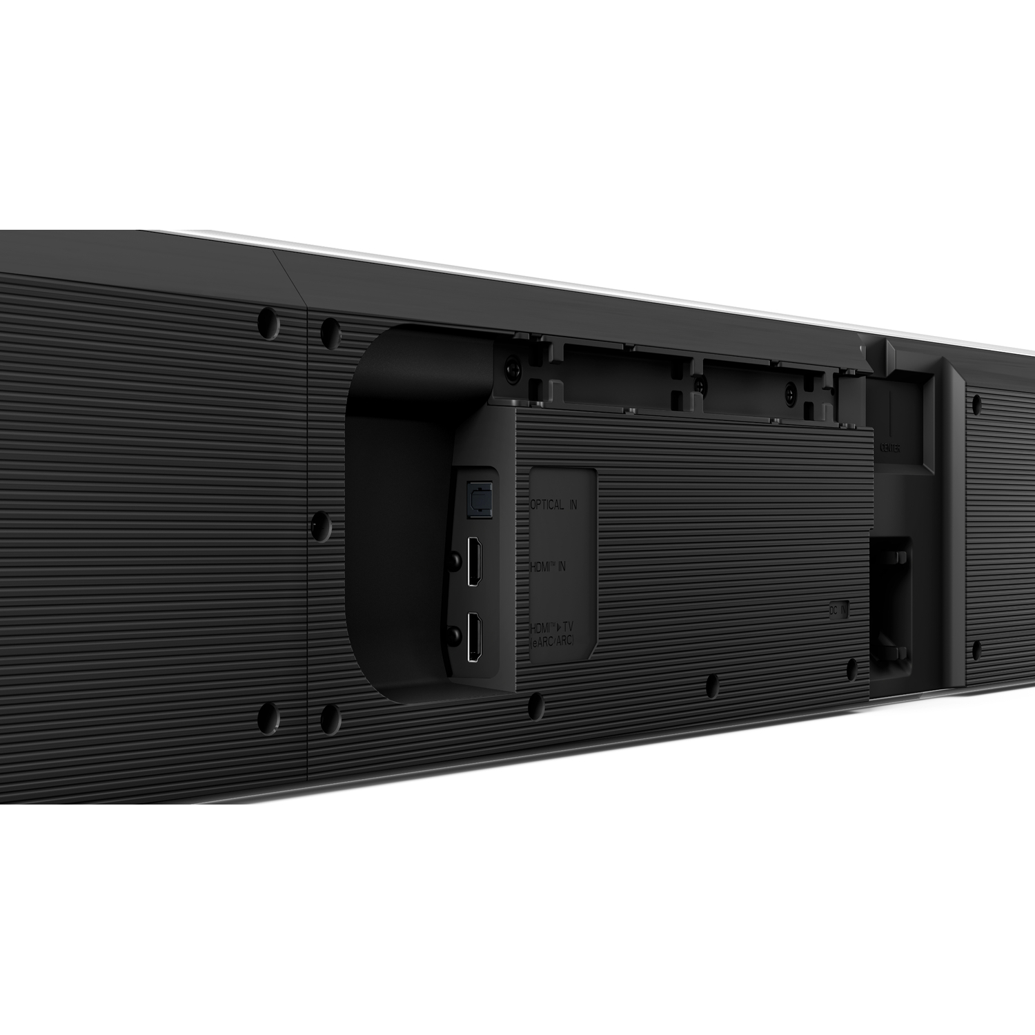 Panneau arrière d'une barre de son noire avec divers ports et étiquettes.