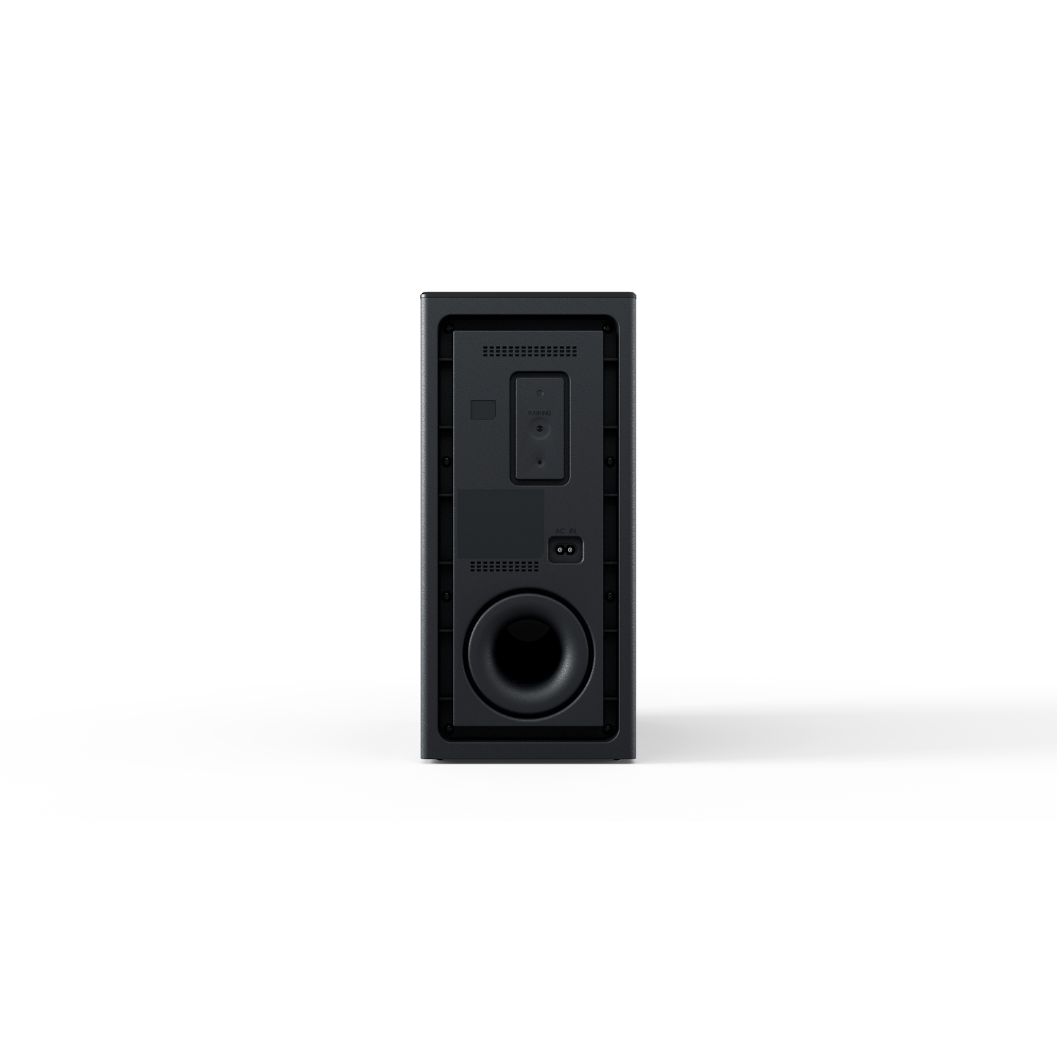 Enceinte noire avec caisson de basses et aérations à l'arrière. Un logo en haut. Fond blanc.