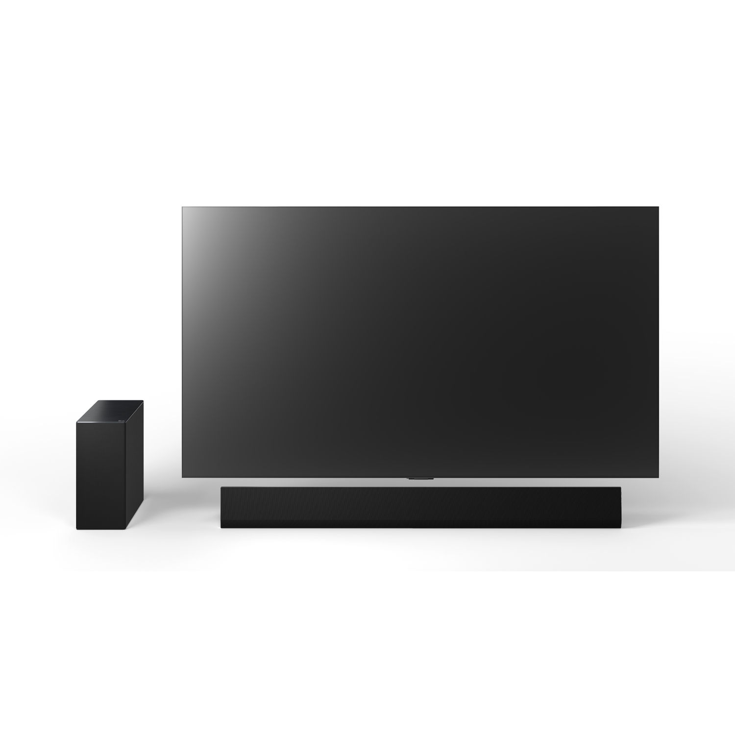 Une télévision noire avec une barre de son et un caisson de basses sur fond blanc.