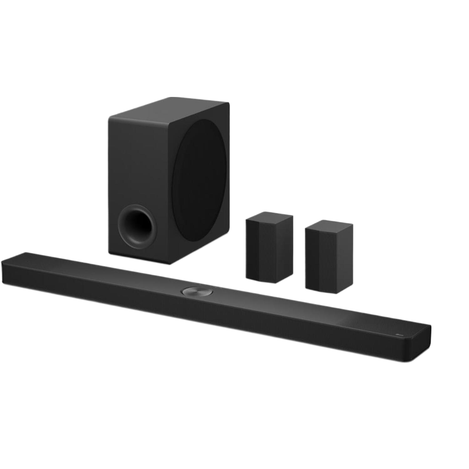 Barre de son LG noire avec caisson de basses et deux enceintes. La configuration est noire.
